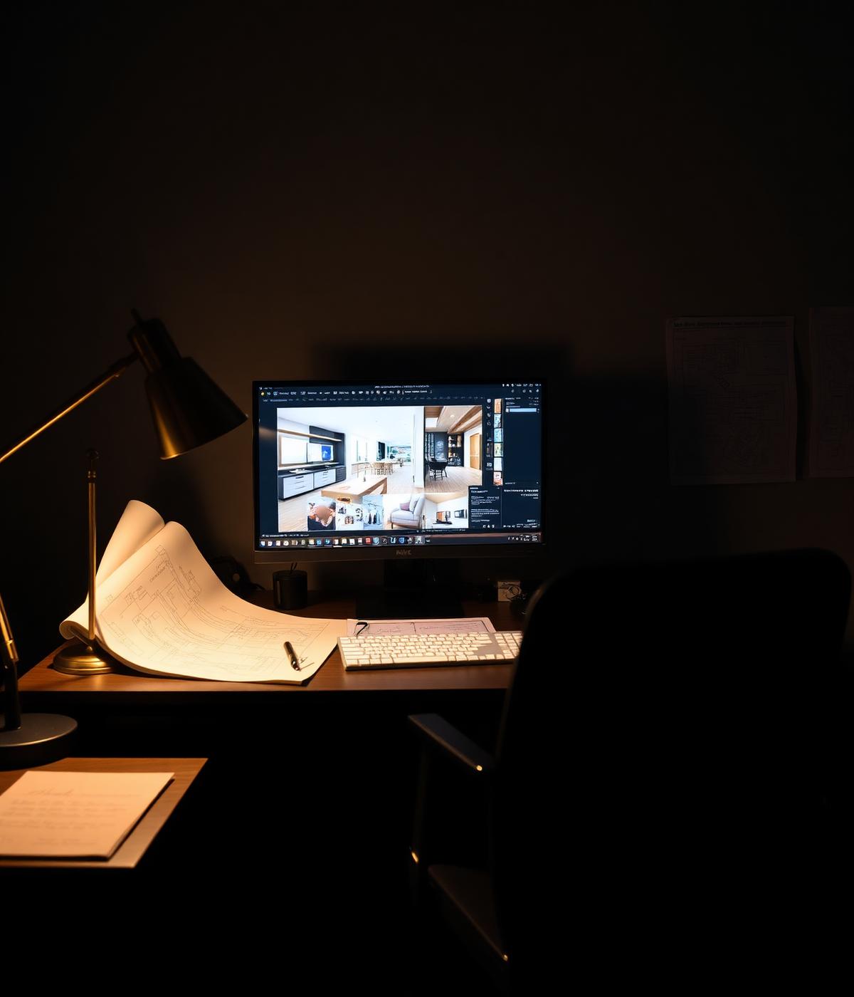 Design desk with 3D interior renders in progress
