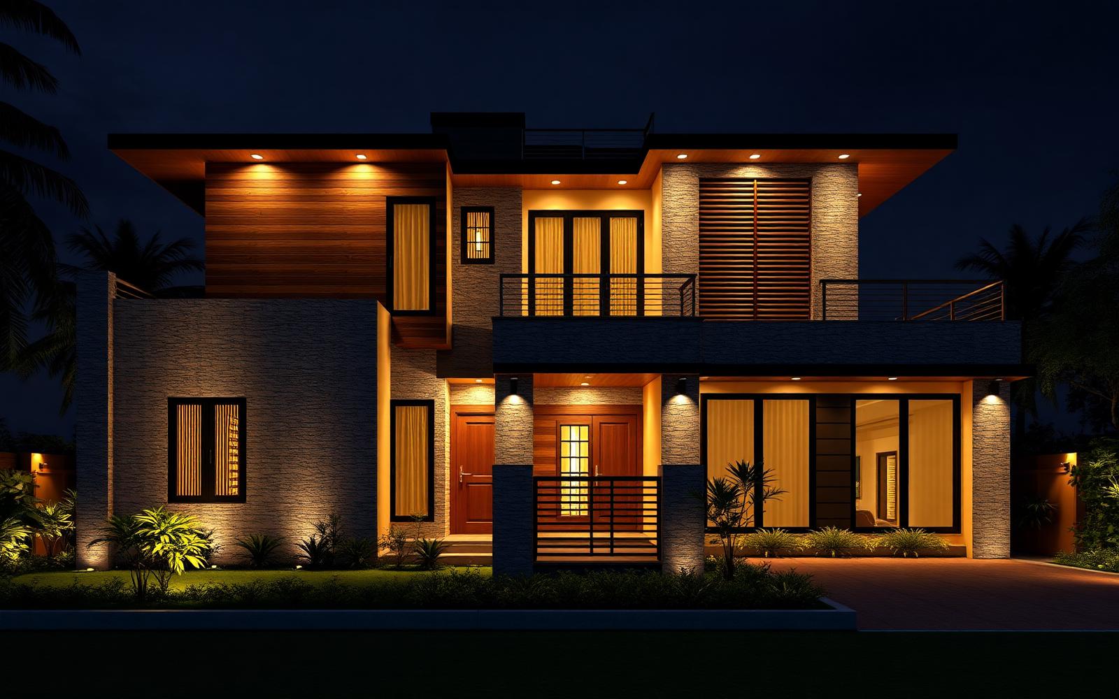 Illuminated modern house elevation at night
