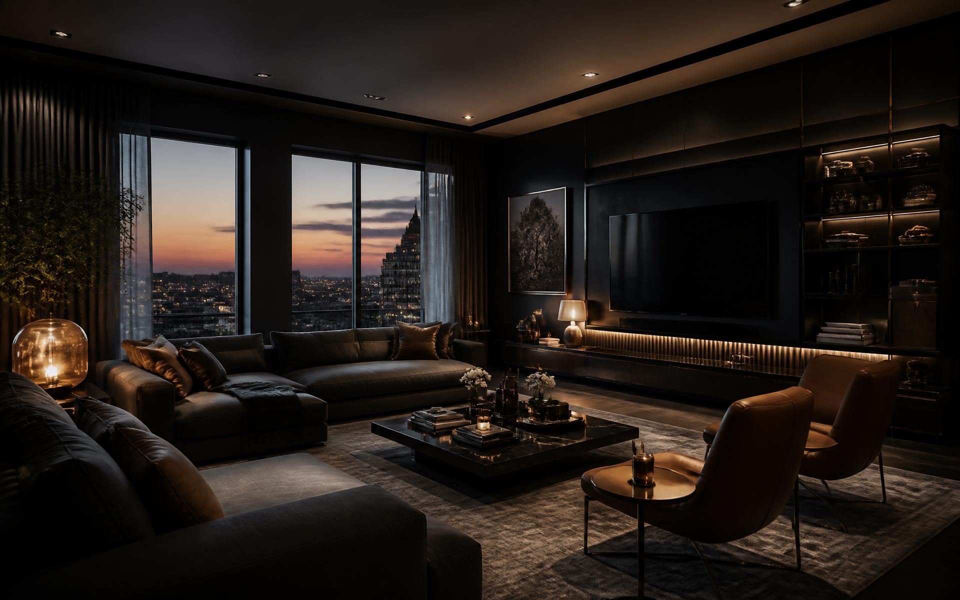 Dark luxury living room interior designed by JS Design Viz